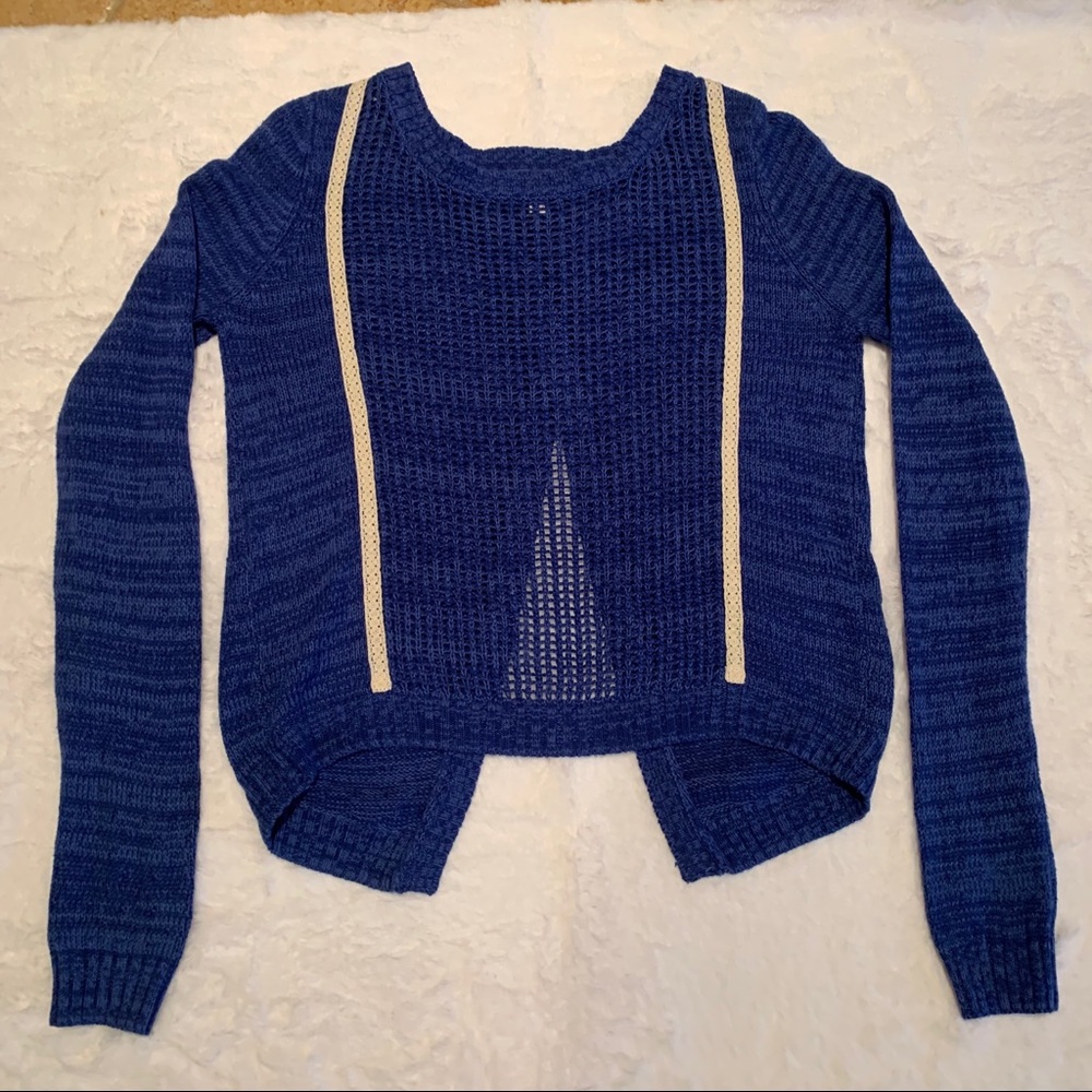 Shrinking Violet Open Weave Blue V Back Sweater